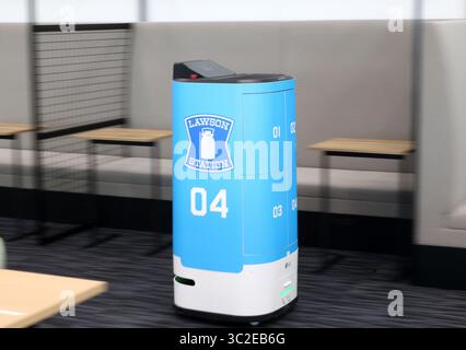 Tokyo, Giappone. 24 luglio 2025. Giovedì 24 luglio 2025, un robot di consegna si sposta attraverso un ufficio per la dimostrazione del nuovo ufficio innovativo e sperimentale della KDDI presso la Takanawa Gateway City di Tokyo. KDDI spostò il suo quartier generale nell'edificio della torre di fronte alla stazione Takanawa Gateway. (Foto di Yoshio Tsunoda/AFLO) credito: Aflo Co.. Ltd./Alamy Live News Foto Stock