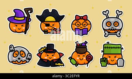 Graziosa collezione di adesivi Halloween con stile cartoni animati e design piatto. Adorabile confezione di adesivi di zucca con vari costumi di carattere Illustrazione Vettoriale