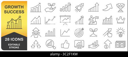Set di icone Web del vettore della linea di traccia modificabile di crescita e successo. Strategia aziendale obiettivi di successo raccolta di icone lineari sottili. Curve e diagrammi di crescita Illustrazione Vettoriale