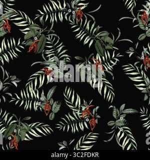 Un lussureggiante motivo floreale tropicale caratterizzato da vivaci foglie verdi e suggestivi fiori esotici rossi su uno sfondo scuro e morbido, che crea un senso di lu Foto Stock