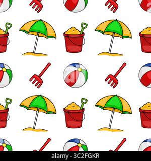 Motivo vettoriale senza cuciture di vivaci giocattoli da spiaggia: Palla da spiaggia, secchiello, pala, rastrello e ombrellone su sfondo bianco, ideale per design a tema estivo. Illustrazione Vettoriale