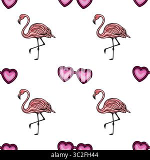 Motivo vettoriale senza cuciture con fenicotteri rosa e occhiali da sole a forma di cuore, un divertente design estivo perfetto per progetti di moda o a tema tropicale. Illustrazione Vettoriale