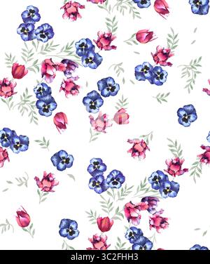 Un delicato motivo ad acquerello caratterizzato da un'affascinante disposizione di pansie blu e tulipani rosa sparsi su un pulito sfondo bianco, evocando un se Foto Stock