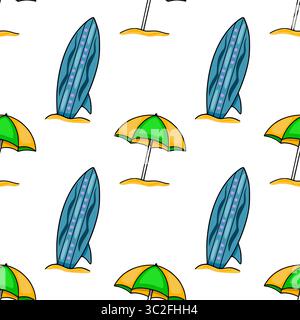 Motivo vettoriale senza cuciture caratterizzato da vivaci tavole da surf color tè e ombrelloni da spiaggia gialli e verdi, giocosamente annidati nella sabbia, per un'allegra estate Illustrazione Vettoriale