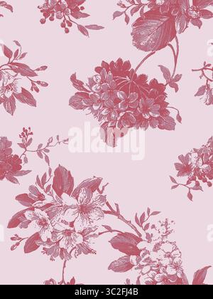 Un delicato motivo floreale vintage caratterizzato da fiori e foglie in fiore nelle tonalità del rosa e del rosso su un delicato sfondo rosa, evocando una romantica a Foto Stock