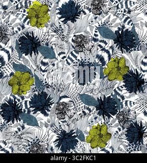 Un motivo floreale e botanico densamente ricco e ripetitivo, reso in modo stilizzato e illustrativo con una qualità grafica quasi linocut. Il compo Foto Stock
