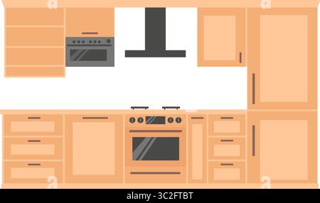 Arredamento da cucina. Elettrodomestici incorporati come frigorifero e lavastoviglie. Molti armadi e scaffali. Progetto. Illustrazione Vettoriale