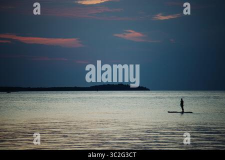 Un nuotatore si erge su una tavola di sup in mezzo al mare in una serata estiva al tramonto. Lievi ondulazioni e onde sull'acqua. Un uomo atletico con una p Foto Stock