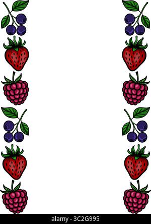 Deliziosa illustrazione vettoriale con bordo verticale di fragole, lamponi e mirtilli vivaci, perfetta per i professionisti a tema estivo Illustrazione Vettoriale