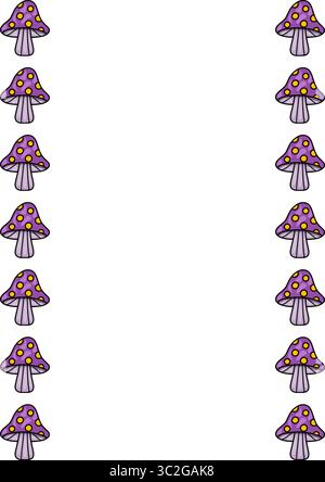 Adorabile illustrazione vettoriale di un bordo stravagante caratterizzato da un motivo ripetuto di funghi viola con puntini di polka gialli, perfetto per bambini des Illustrazione Vettoriale