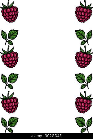 Illustrazione vettoriale di una cornice verticale con lamponi e foglie disegnati a mano, perfetta per progetti estivi e inviti. Illustrazione Vettoriale