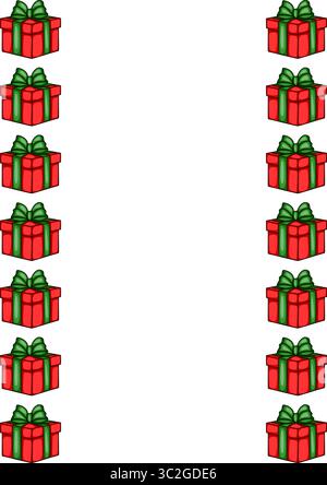 Immagine vettoriale natalizia di un bordo verticale caratterizzato da un motivo ricorrente di confezioni regalo rosse con nastri verdi, perfette per le festività natalizie Illustrazione Vettoriale