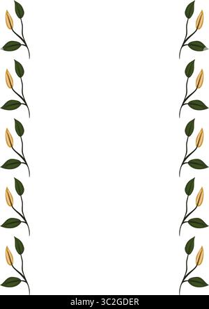 Elegante cornice vettoriale con un motivo ripetuto di foglie verdi stilizzate e boccioli beige, perfetta per inviti, carte o elementi decorativi. Illustrazione Vettoriale