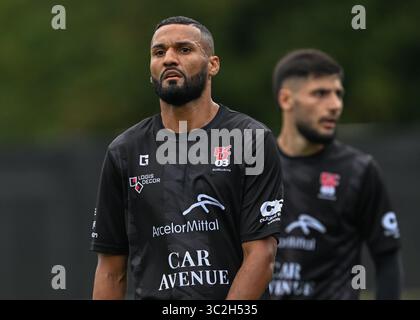 Park Hall Stadium, Oswestry, Shropshire, Inghilterra, 23 luglio 2025. Leandro di Differdange 03 durante i New Saints of Oswestry Town & Llansantffraid Football Club/The New Saints (TNS) contro FC Differdange 03 nella partita di primo turno di qualificazione della UEFA Europa Conference League, al Park Hall. (Immagine di credito: ©Cody Froggatt/Alamy Live News) Foto Stock