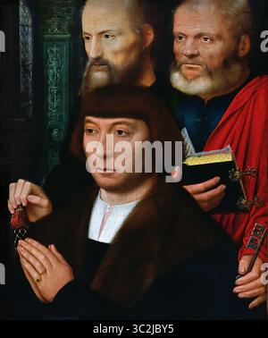 Pannello di destra di un dittico (?): Fondatore con i Santi Pietro e Paolo c530-1540 XVI secolo da pannello di destra di un dittico , fondatore con i Santi, Pietro , Paolo, Adriaen Isenbrant , 1530-1540 Groeningemuseum, museo municipale, Bruges, Belgio, fiammingo, ( l'abilità di Isenbrant come ritrattista. Solo pochi dettagli, colonne, un pilastro decorato e la finestra di vetri rotondi, raffigurano un interno in cui un uomo di mezza età è ritratto di tre quarti di lunghezza a sinistra. Sulla sua camicia bianca, chiusa al collo, indossa un doppietto nero con un ampio collo di pelliccia marrone sulle spalle e sul petto.) Foto Stock