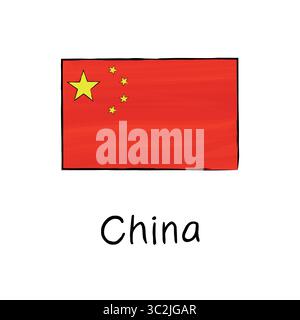 Bandiera della Cina con contorno e firma su sfondo bianco. Illustrazione vettoriale disegnata a mano in stile schizzo. Immagine isolata, perfetta per i poster, con Illustrazione Vettoriale