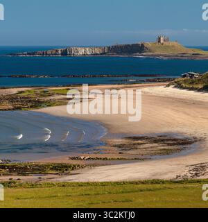 Una vista in estate, in una giornata di sole, del castello di Dunstanburgh nel Northumberland, vista da Low Newton attraverso la baia di Embleton con la bassa marea Foto Stock