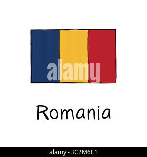 Bandiera della Romania con contorno e firma su sfondo bianco. Illustrazione vettoriale disegnata a mano in stile schizzo. Ideale per materiale didattico, pol Illustrazione Vettoriale