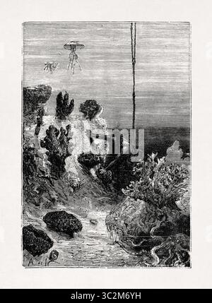 Illustrazione di Alphonse de Neuville che raffigura un subacqueo nativo che pesca spugne al largo della costa di Ceylon dal libro 'Twenty Thousand Leagues Under Foto Stock