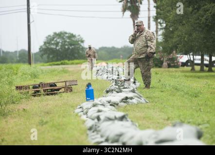 12 luglio 2019 - New Orleans, Loussianna, Stati Uniti - i soldati della Guardia Nazionale dell'Esercito della 2225 Multi-Role Bridge Company riempiono sacchi di sabbia in una Marina vicina e fanno altri lavori di preparazione. New Orleans e altre parti del Golfo del Messico preparano la tempesta tropicale Barry a sbarcare, portando con sé una pioggia catastrofica..con il livello dell'acqua del fiume Mississippi al massimo storico e una tempesta che si forma nel Golfo del Messico che dovrebbe sbarcare sulle coste della Louisiana e del Texas, molti temono che gli argini falliscano e che New Orleans sarà nuovamente inondata come era nel 2 Foto Stock