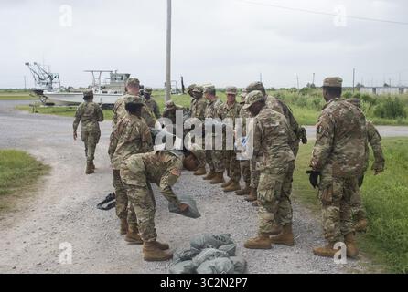 12 luglio 2019 - New Orleans, Loussianna, Stati Uniti - i soldati della Guardia Nazionale dell'Esercito della 2225 Multi-Role Bridge Company riempiono sacchi di sabbia in una Marina vicina e fanno altri lavori di preparazione. New Orleans e altre parti del Golfo del Messico preparano la tempesta tropicale Barry a sbarcare, portando con sé una pioggia catastrofica..con il livello dell'acqua del fiume Mississippi al massimo storico e una tempesta che si forma nel Golfo del Messico che dovrebbe sbarcare sulle coste della Louisiana e del Texas, molti temono che gli argini falliscano e che New Orleans sarà nuovamente inondata come era nel 2 Foto Stock