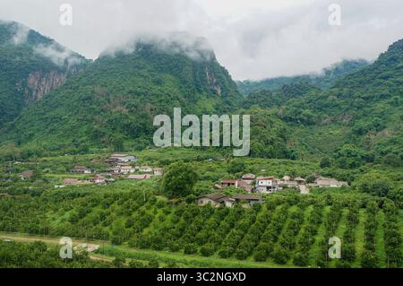 Veduta aerea di nebbia, nuvole e nebbia appesa su una lussureggiante foresta pluviale tropicale, montagna e villaggio Foto Stock