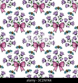 Un motivo vettoriale senza cuciture caratterizzato da mazzi di fiori di campanello viola legati con archi rosa, accompagnati da farfalle e api blu, ambientati contro un wh Illustrazione Vettoriale