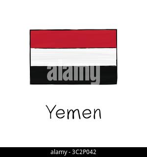 Bandiera dello Yemen con contorno e firma isolata su sfondo bianco. Illustrazione vettoriale a colori disegnata a mano nello stile dello schizzo. Illustrazione Vettoriale