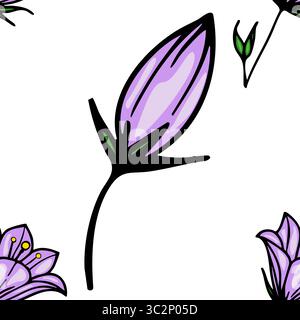 Un motivo vettoriale senza cuciture con campanelli e gemme viola stilizzati su sfondo bianco. Il design presenta varie forme di fiori di campanello Illustrazione Vettoriale