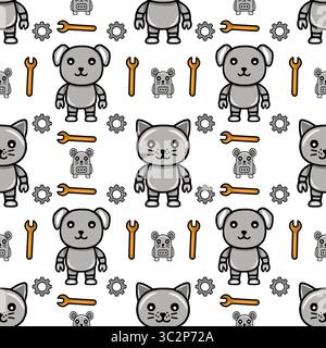 Schema vettoriale senza cuciture caratterizzato da simpatici animali robotici, gatto, cane e topo? insieme a chiavi e ingranaggi, creando un'estetica giocosa e meccanica. Illustrazione Vettoriale