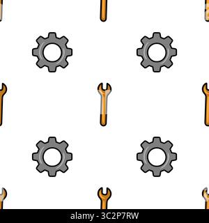 Modello vettoriale senza cuciture con ingranaggi grigi ripetuti e chiavi arancioni, un design semplice ma efficace per contesti industriali o meccanici. Illustrazione Vettoriale
