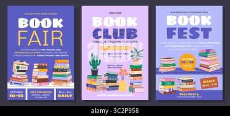 Set di poster di Book Fair, Festival, Club Vertical. Illustrazione Vettoriale