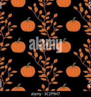 Un motivo vettoriale senza cuciture con zucche arancioni e rami frontali su sfondo nero, perfetto per i disegni a tema autunnale. Illustrazione Vettoriale