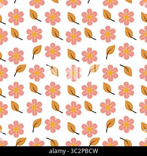 Un motivo vettoriale senza cuciture caratterizzato da fiori rosa e foglie arancioni su sfondo bianco. I fiori hanno centri gialli e sono disposti in un balanc Illustrazione Vettoriale