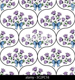 Un motivo vettoriale senza cuciture caratterizzato da mazzi di campanelli viola legati a nastri blu, su sfondo bianco. Il design è simmetrico Illustrazione Vettoriale