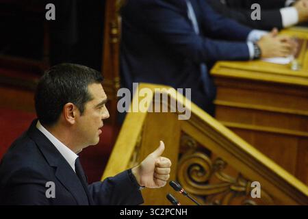 20 luglio 2019 - Atene, Grecia - il presidente di SYRIZA, Alexis Tsipras, interviene durante il primo giorno di dichiarazioni politiche del nuovo governo greco al Parlamento greco di Atene. (Immagine di credito: © Giorgos Zachos/SOPA Images via ZUMA Wire) Foto Stock
