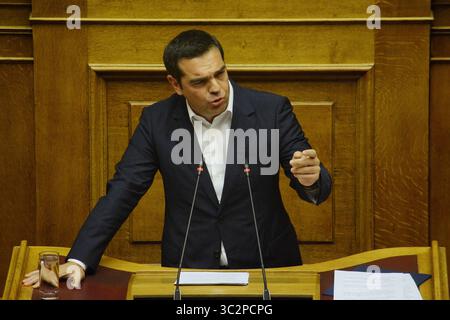 20 luglio 2019 - Atene, Grecia - il presidente di SYRIZA, Alexis Tsipras, interviene durante il primo giorno di dichiarazioni politiche del nuovo governo greco al Parlamento greco di Atene. (Immagine di credito: © Giorgos Zachos/SOPA Images via ZUMA Wire) Foto Stock