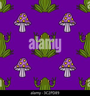 Motivo vettoriale senza cuciture con rane cartoni animati e funghi viola su un vivace sfondo viola, caratterizzato da un design stravagante e divertente, ideale per Hal Illustrazione Vettoriale