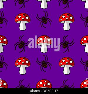 Motivo vettoriale senza cuciture con funghi e ragni rossi cartoni animati su un vivace sfondo viola, ideale per disegni a tema Halloween o per au spettrale Illustrazione Vettoriale