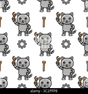 Motivo vettoriale senza cuciture con simpatici gatti robotici che reggono chiavi e ingranaggi, un design divertente in tonalità grigio e arancione. Illustrazione Vettoriale