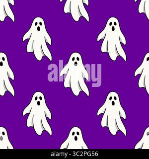 Motivo vettoriale senza cuciture di simpatici fantasmi cartoni animati su uno sfondo viola vivace, perfetto per disegni a tema Halloween e celebrazioni spaventose. Illustrazione Vettoriale