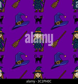 Motivo vettoriale senza cuciture con adorabili streghe cartoni animati, le loro scopa, cappelli e gatti neri, su un vivace sfondo viola, ideale per Hal Illustrazione Vettoriale