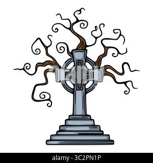 Illustrazione celtica a croce con rami di alberi morti intrecciati e stilizzati, in piedi su una base di pietra, creando un elemento di design gotico a tema Halloween Illustrazione Vettoriale