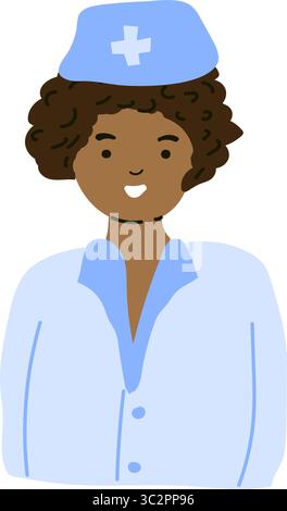 Illustrazione disegnata a mano di un'infermiera riccia o di un personale medico in uniforme con un tappo a croce, mostrata dalla vita verso l'alto. Concetto di assistenza sanitaria Illustrazione Vettoriale