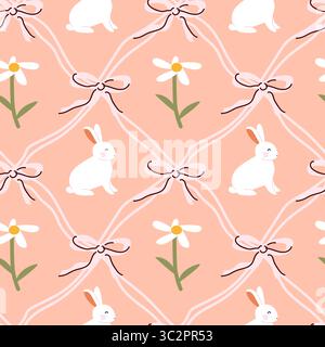 Simpatici coniglietti e margherite con archi rosa su sfondo pesca. Graziosi elementi pasquali su sfondo diagonale a griglia Illustrazione Vettoriale