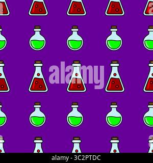 Motivo vettoriale senza cuciture con matracci di cartone animato con liquidi rossi e verdi, perfetto per Halloween o per design a tema scientifico. Illustrazione Vettoriale