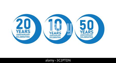 Icone blu dell'anniversario per il riconoscimento Milestone di 10, 20 e 50 anni Illustrazione Vettoriale