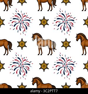 Un motivo vettoriale senza cuciture con cavalli marroni, fuochi d'artificio colorati e stelle dello sceriffo su sfondo bianco. Il design è giocoso e festoso Illustrazione Vettoriale