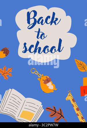 Ritorno a scuola con provviste e foglie autunnali. Illustrazione Vettoriale