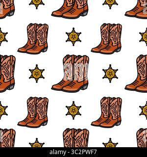 Un motivo vettoriale ripetuto con stivali da cowboy e stemmi dello sceriffo su sfondo bianco. Gli stivali sono marroni con un design testurizzato, mentre Illustrazione Vettoriale